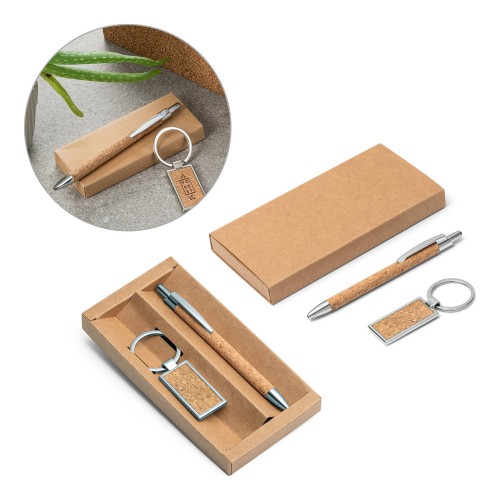 Kit esferográfica e chaveiro em metal com acabamento em cortiça